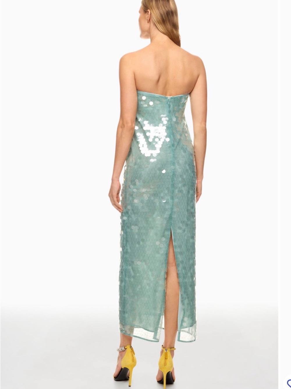 STAUD Strapless Sequin Midi Dress in Mint - Picture 2 of 7